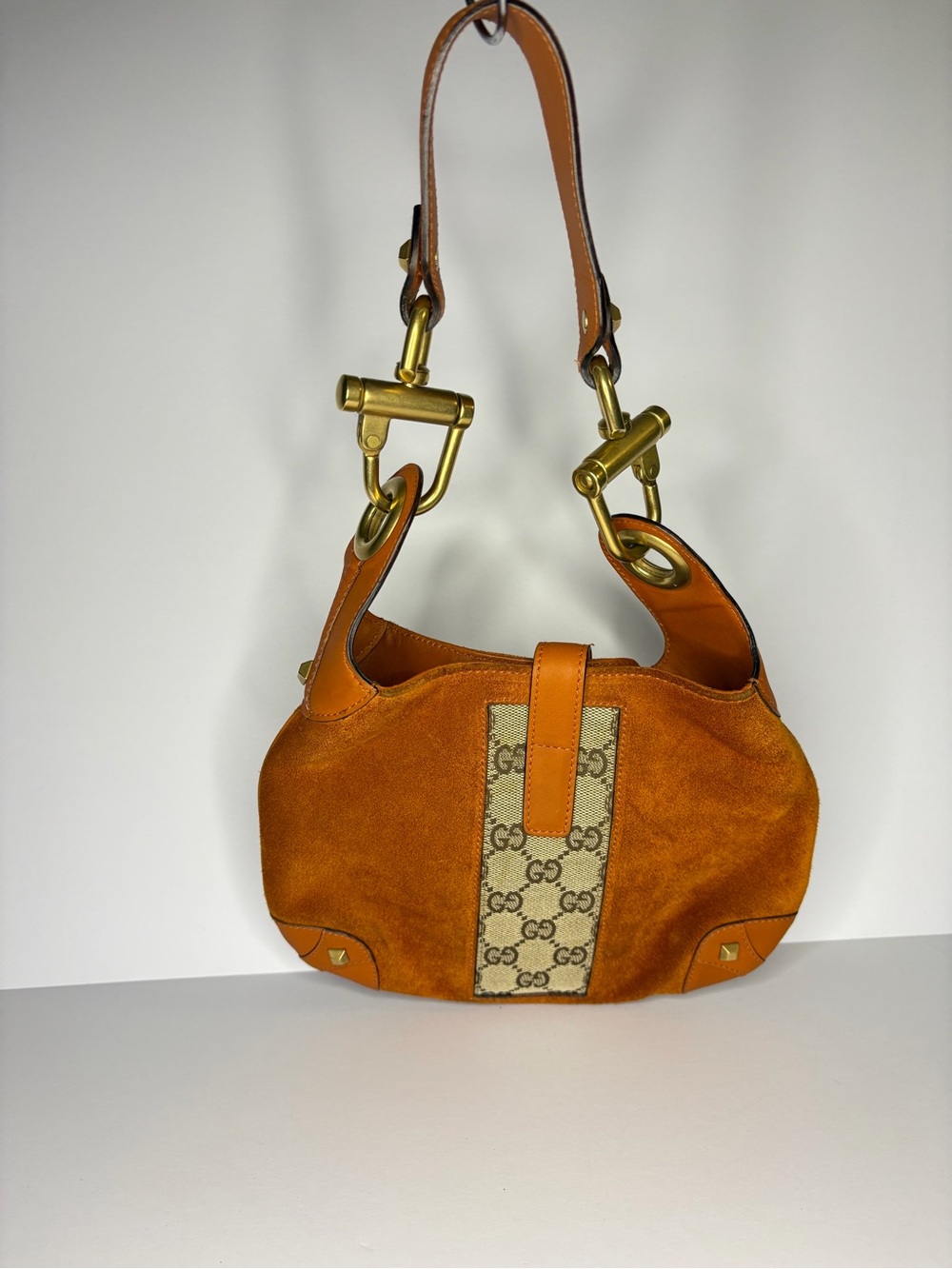 Gucci Orange Suede & GG Canvas Shoulder Bag with Tan Leather Trim - Picture 4 of 12
